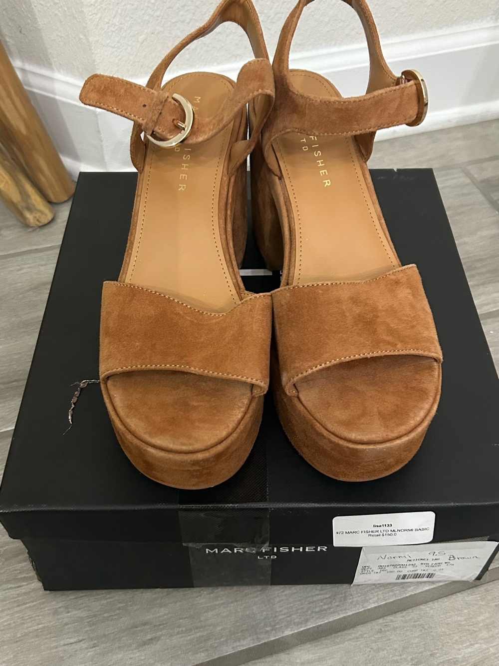 Marc Fisher Cognac Suede Platform Sandals with Ankle Strap